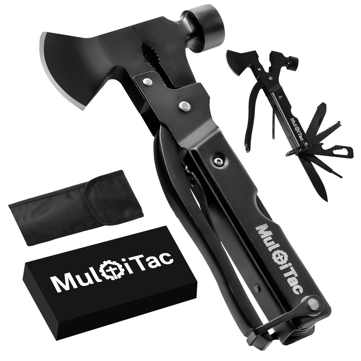 Camping Multitool Hatchet Axe Hammer by MultiTac, 16-in-1 Survival Gear with Knife, Pliers, Saw, Screwdriver, Bottle Opener, Fish Descaler - Unique Birthday Gifts for Men Dad Husband Boyfriend