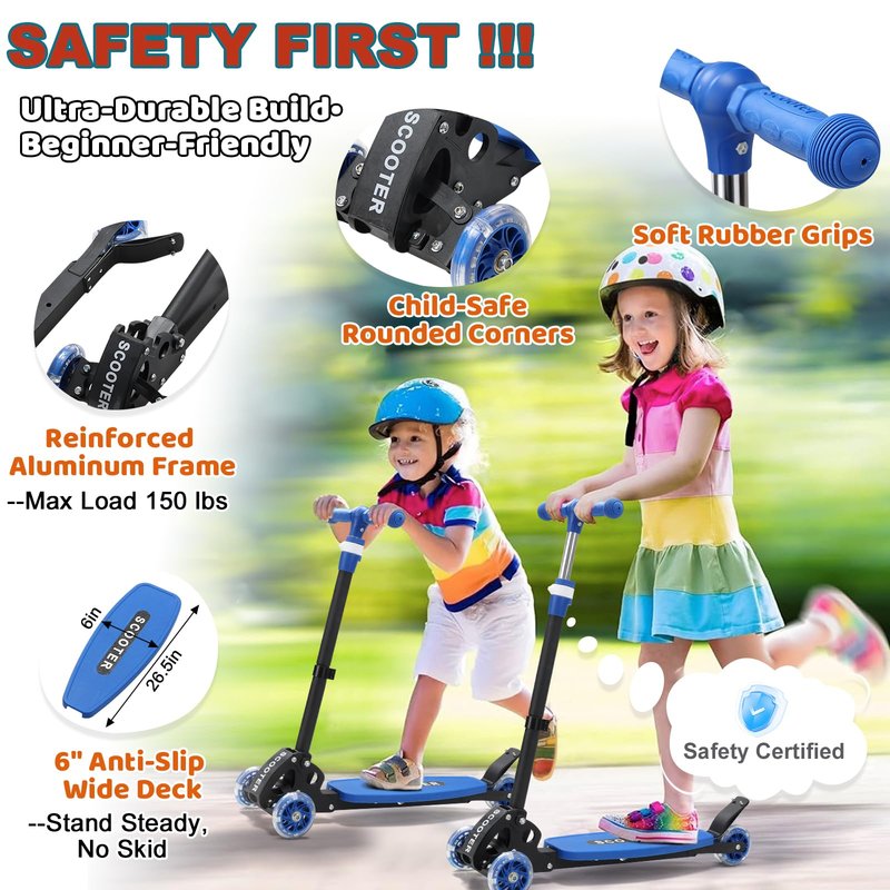 Kick Scooter for Kids Ages 6-12, Stable 3 Wheel Kids Scooter with LED Light-Up Wheels, 3 Adjustable Heights, Lean-to-Steer, Foldable, 6" Extra Wide Deck for Boys and Girls Gifts