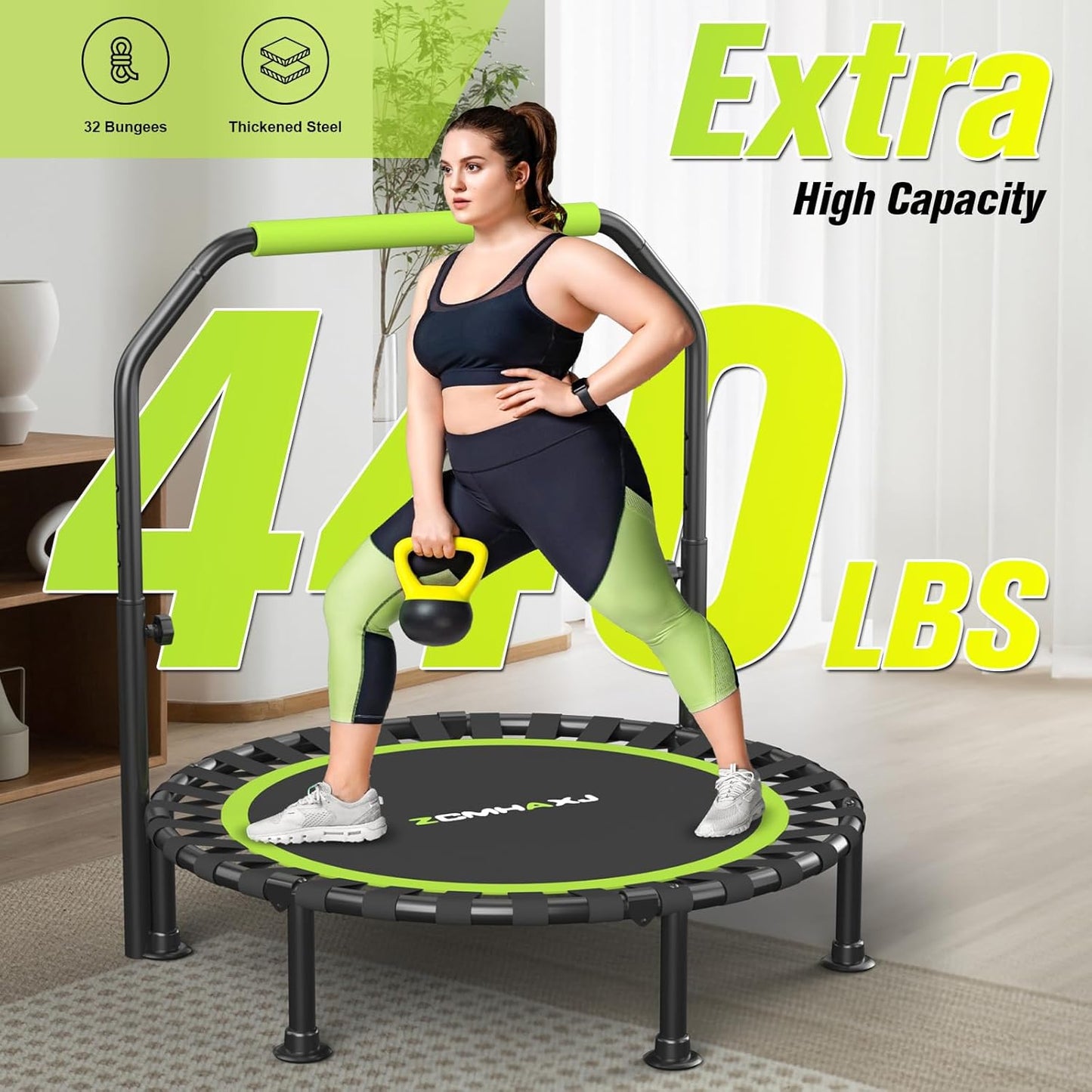 Foldable Mini Trampoline - 40"/48" Rebounder for Adults & Kids | 450lbs Capacity with Adjustable Bar for Indoor Fitness
