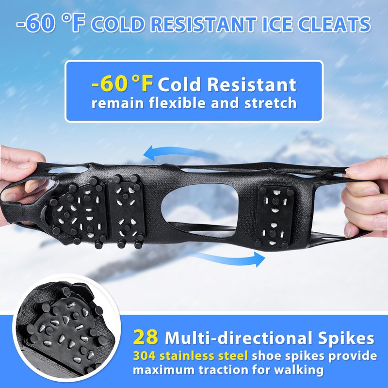 SYOURSELF Crampons Ice Cleats for Shoes and Boots Women Men Kids, 28 Shoe Spikes Non Slip Snow Traction Cleats for Snow and Ice Grippers for Shoes and Boots Hiking Walking Fishing Climbing