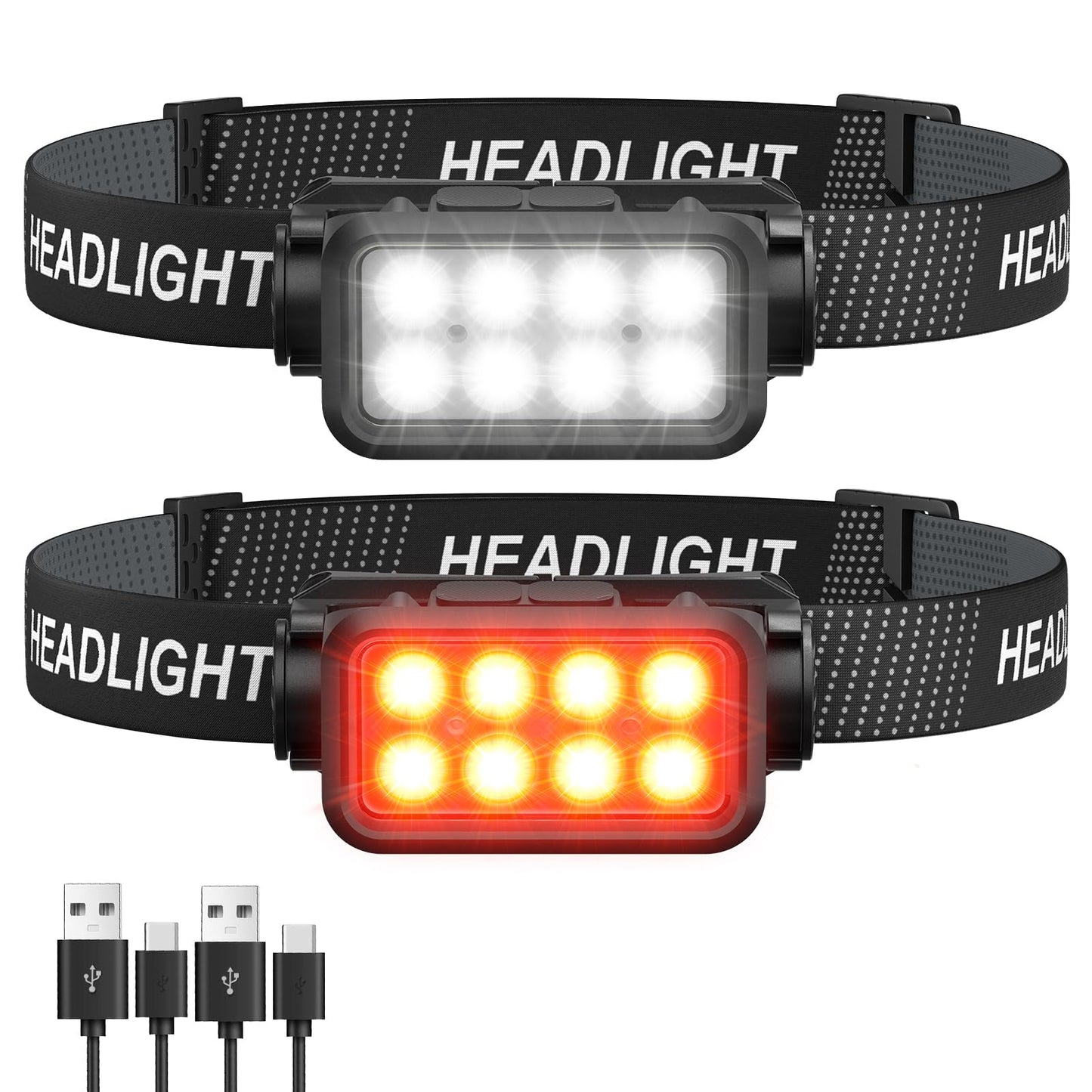 Rechargeable Headlamp Flashlight, 8 LED 2500 Lumen Super Bright Headlight with White Red Light & Motion Sensor, 2-Pack Waterproof Head Lamp for Adult Kid, Headlamps for Outdoor Camping Running Fishing