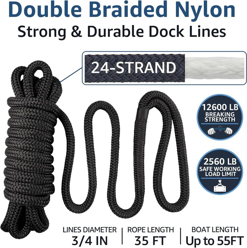 Dock Lines - 3/4" x 35' Marine Grade Nylon Boat Rope with 18" Loop | Heavy Duty, Fray Resistant, Easy Handling - Black - 2 Pack
