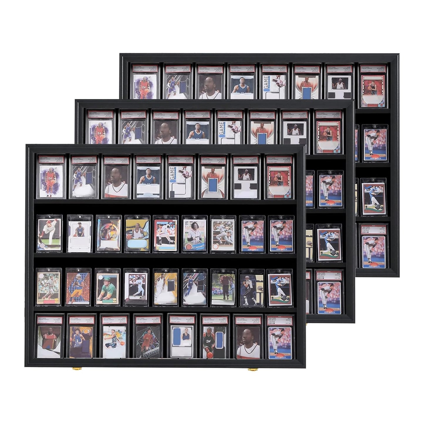 VERANI Baseball Card Display Case - 36 Graded Sports Card Display Frame - Holds Sport Cards with UV Protection Clear View Lockable Wall Cabinet for Football Basketball Trading Card Horizontal - 3Pack
