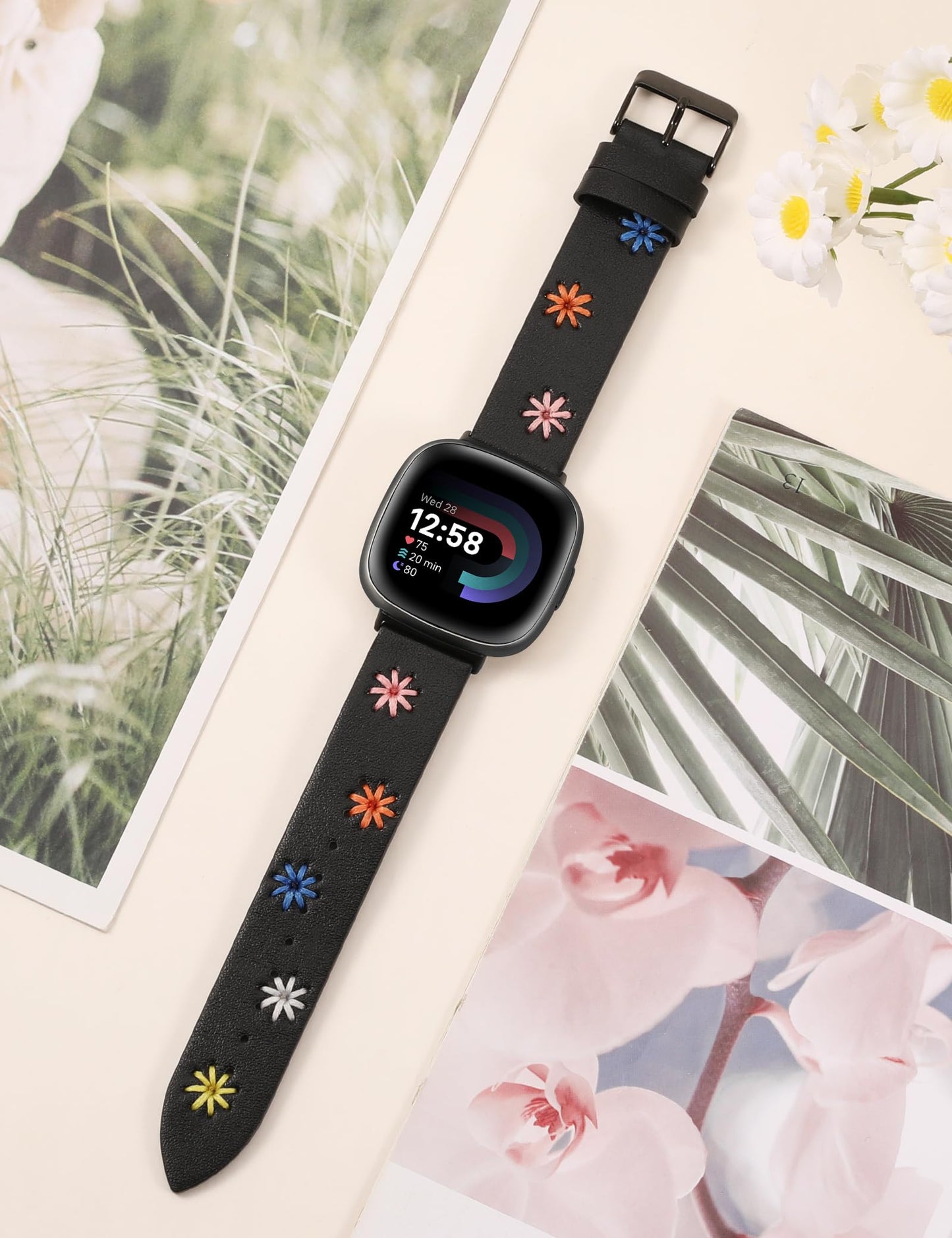 Wearlizer Leather Band Compatible with Fitbit Versa 4/Versa 3/Sense 2/Sense Band Women, Boho Cute Colorful Daisy Floral Handmade Stitched Fancy Stylish Strap Black/Black