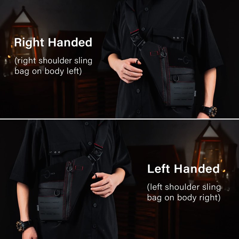 TACTICAL_GEEK Cache L1 Sling Shoulder Bag, Lightweight Multipurpose Daypack, Chest Backpack Casual Shoulder Crossbody for Daily Carry, Outdoor Sports, Hiking, Camping, Trekking, Black Red & Left