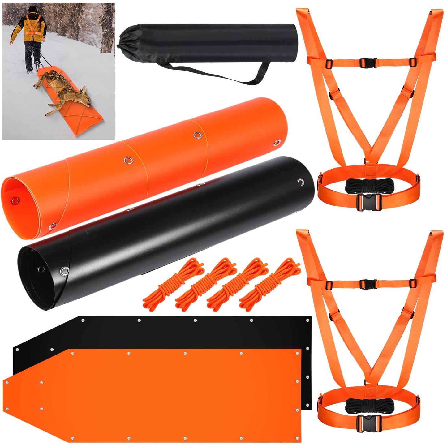 WinnerWhy 2 Set Thickened Tear-Resistant Deer Drag Sled Game Glide Heavy Duty Deer Cart Game Hauler for Hunting with Storage Bag, 2 Dual Harness Elk Drag with Rope for Hauling Elk Turkeys