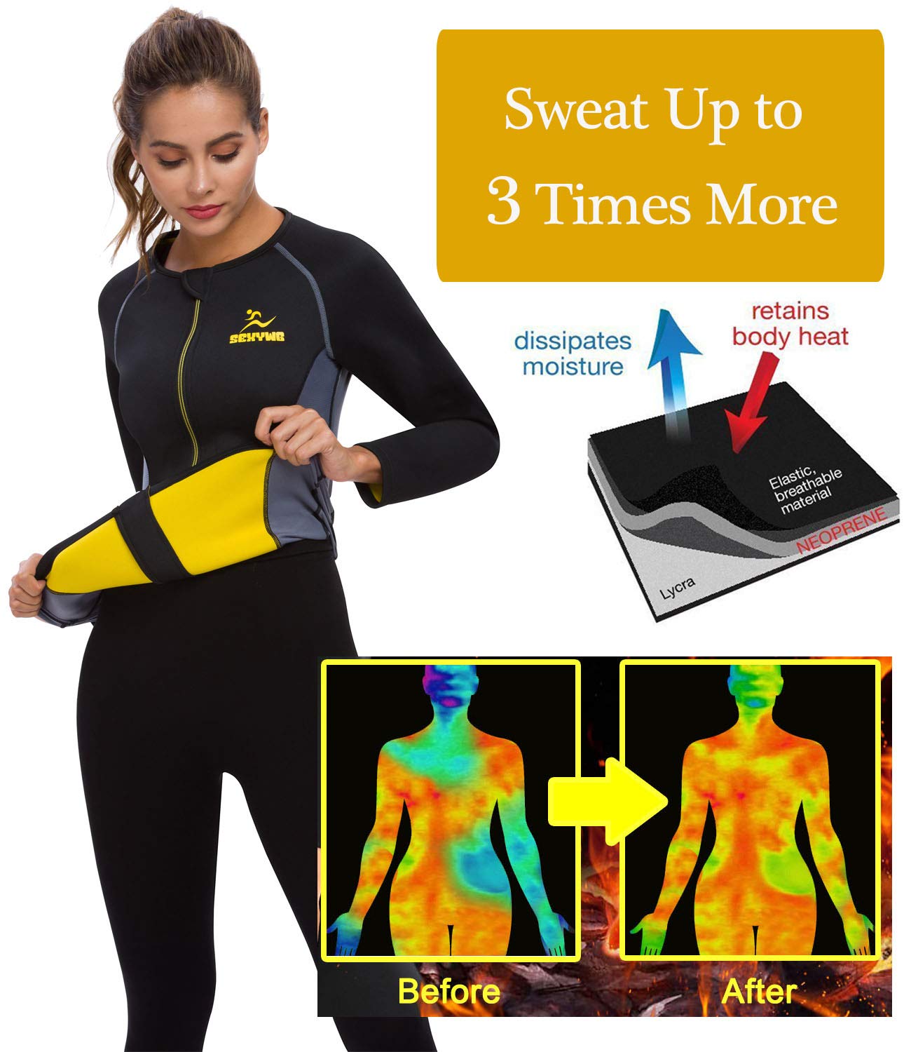 SEXYWG Women Sauna Shirt Neoprene Sauna Jacket Weight Loss Top Suit Workout Body Shaper Long Sleeve