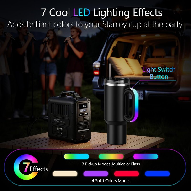 7 Modes LED Light-Up Tumbler Handle for Stanley Cup 40oz/30oz, Tumbler Handle with Pickup Music Rhythm Lights Use for Outdoor Party & Home, Birthday Christmas Valentine's Stanley Gift (H10 Black)
