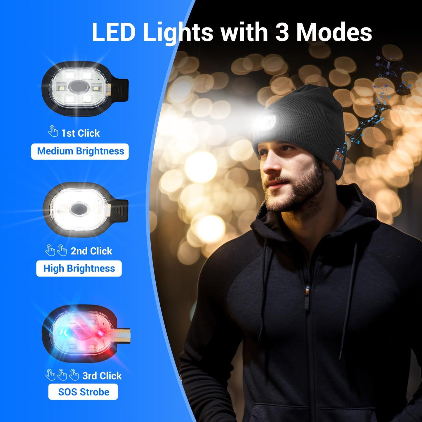 Yontune Bluetooth Beanie Headphone Hat with Light, Unique Tech Gifts for Men Women-Rechargeable LED Skullcap Winter Beanie with Light