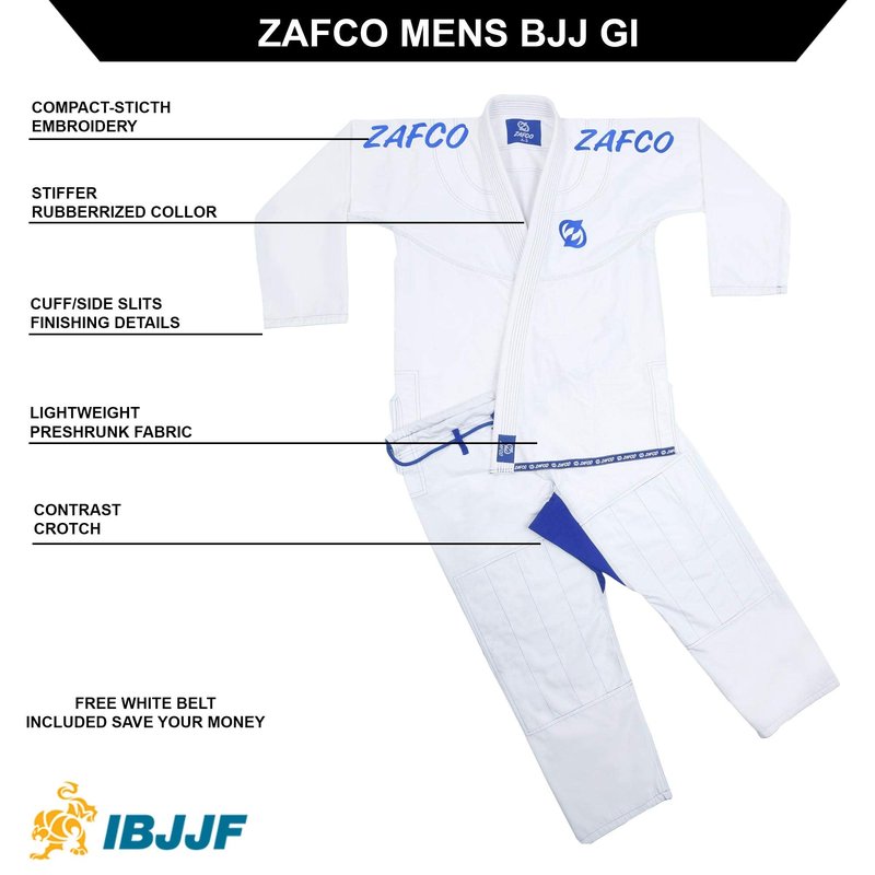 Zafco Sports Brazilian Jiu Jitsu Gi BJJ Gi for Men & Women Grappling gi Uniform Kimonos Light, Preshrunk, with White Belt (White, A3)