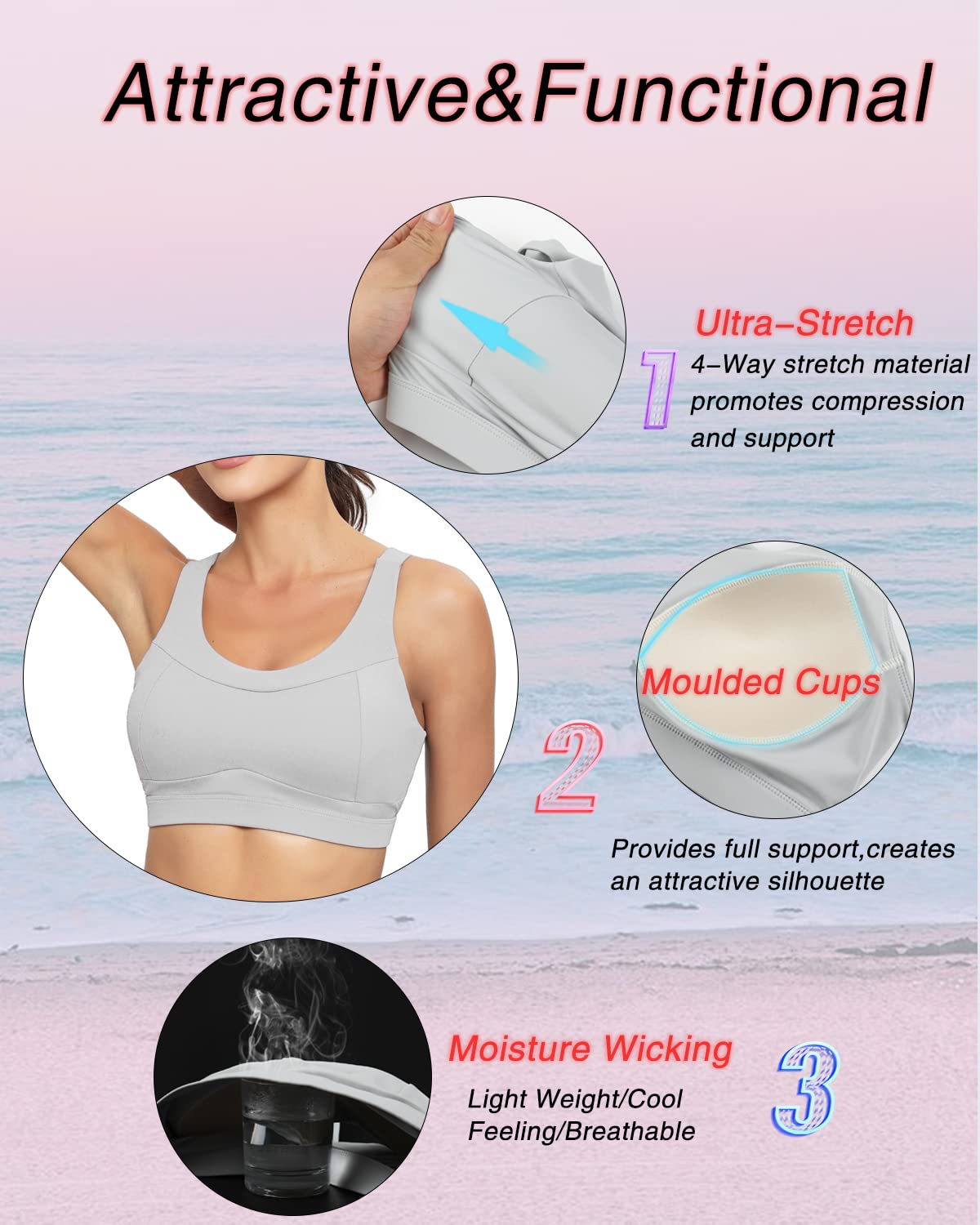 RUNNING GIRL High Impact Sports Bras for Women,Racerback Running Bra Workout Crop Tank Tops Longline Sports Bra Push up(WX2667 Ice Grey XL)