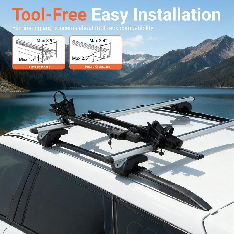 Rider Pro Roof Bike Rack, Foldable Aluminum Upright Bicycle Rack with Anti-Theft Lock for Cars SUVs, Adjustable Roof Mount Bike Carrier 32 lbs Capacity Fits 20''-27'' Bikes Max Tire Width 2.3"