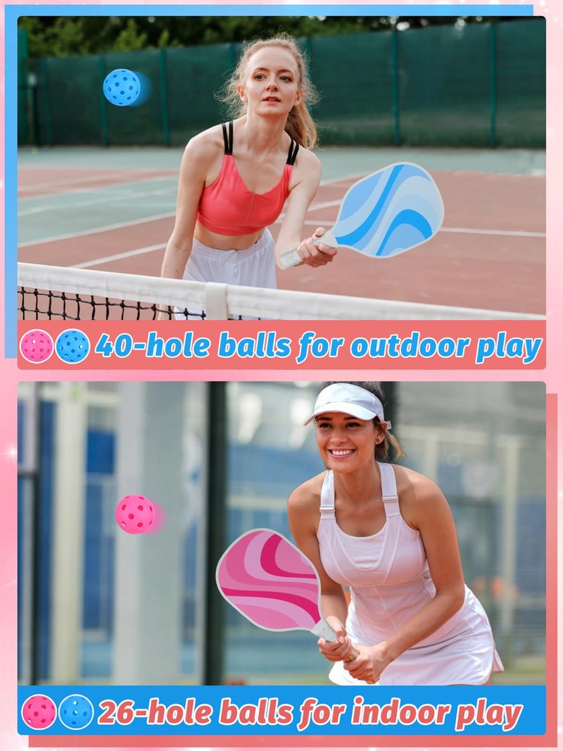 Cute Pickleball Set of 2 Paddles - Pink & Blue Lightweight Pickleball Rackets with 2 Indoor and 2 Outdoor Balls, 1 Portable Bag, for Beginner Youth Women Couple Gift