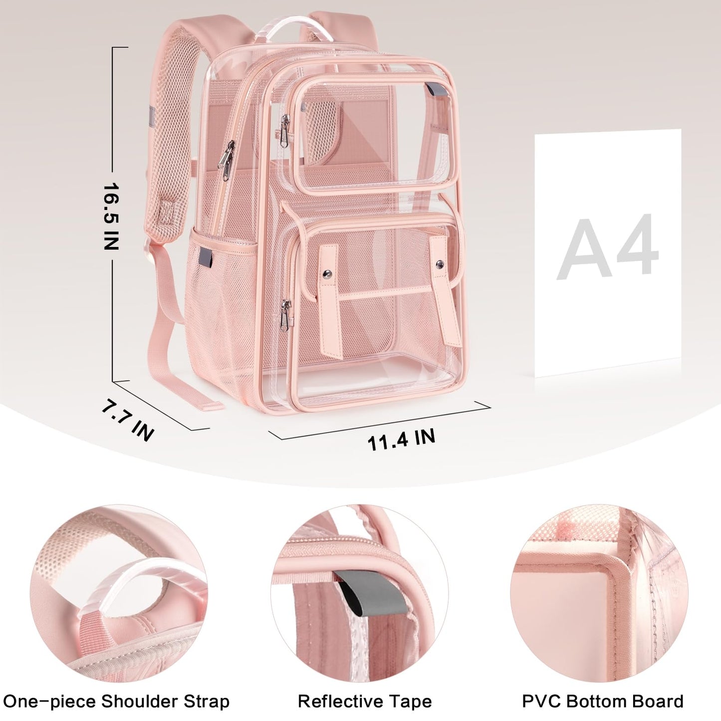 GEAMSAM Clear Backpack Heavy Duty, Transparent Bookbag with Reinforced Straps Multi-pockets PVC See Through Backpacks for College Work Travel - Pink