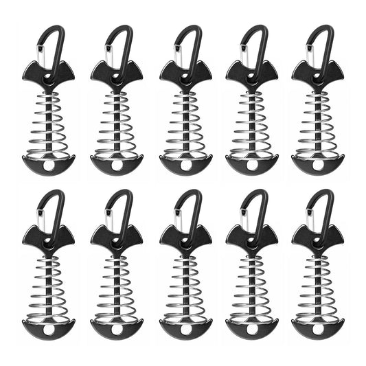 Fishbone Deck Anchor Pegs with Carabiners, Aluminium Deck Tent Stakes with Spring Buckle Aluminium Deck Windproof Tent Stakes for Outdoor Camping Hiking (10Pcs Black)