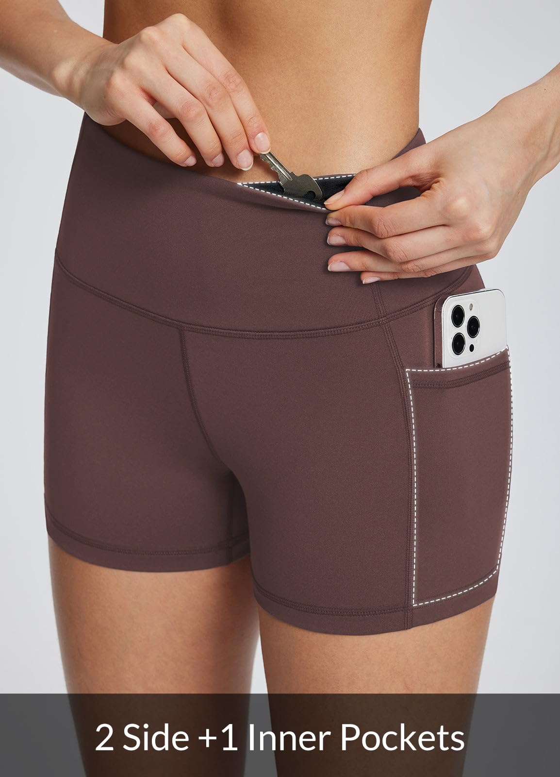 baleaf Gym Shorts Women 3" Biker Workout Yoga Spandex Running Volleyball Tummy Control Compression with Pockets Brown S