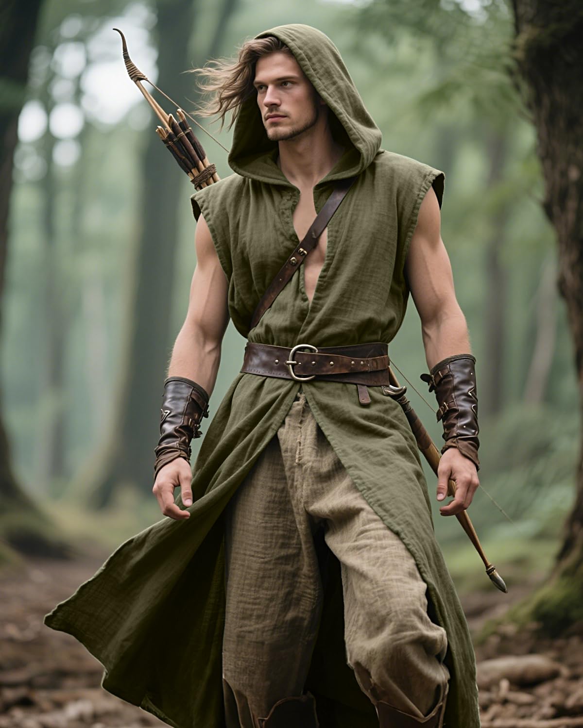 Medieval Sleeveless Hooded Surcoat Renaissance Assassin Costume (Green, L)