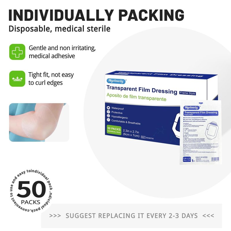 Hysimedy Transparent Film Dressing 2.3x2.7 inch 50 Packs Waterproof Clear Bandages for Swimming, Showering, Post Surgical, IV Shield, Tattoo Aftercare Bandages Shower Shield Wound Cover