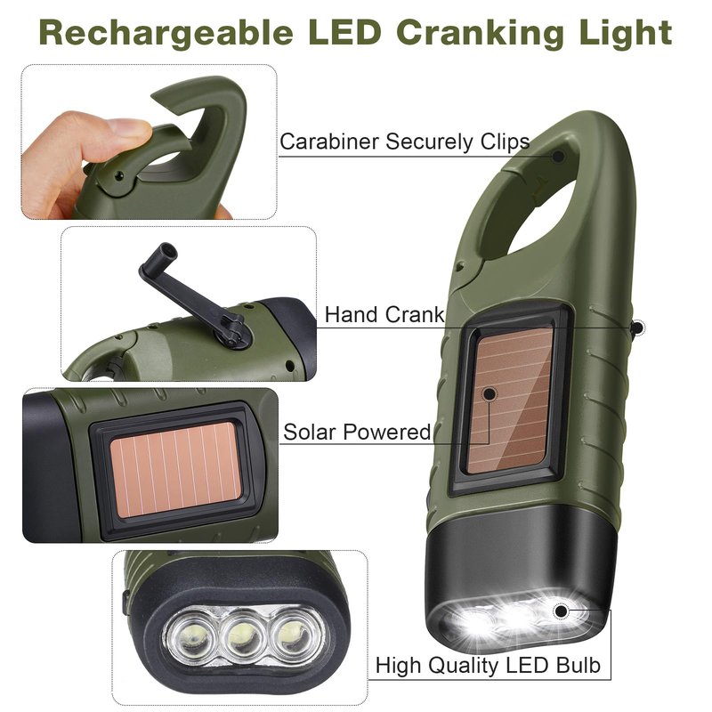 Mudder 4 Pack Hand Crank Solar Powered Flashlight Emergency Rechargeable LED Flashlight Survival Gear Self Powered Charging Torch for Hiking Backpack Outdoor Sports Camping(Green, Black)