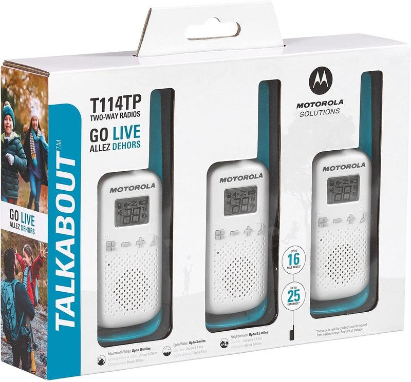 Motorola Talkabout T114TP Two-Way Radios - 22 Channels, 16 Mile Range | Battery Operated, 3 Pack, White/Blue