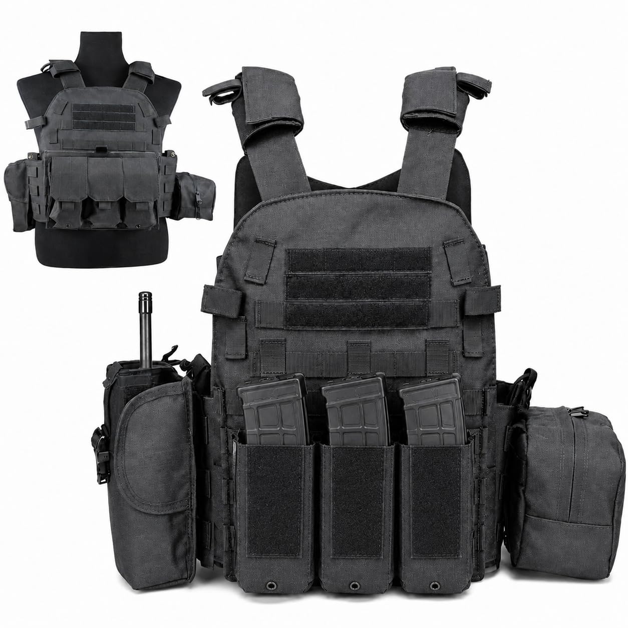 Veasunverse Tactical Vest for Airsoft & Paintball, Adjustable MOLLE Plate Carrier with Patch Panels for Hunting & Outdoor Training(Black)