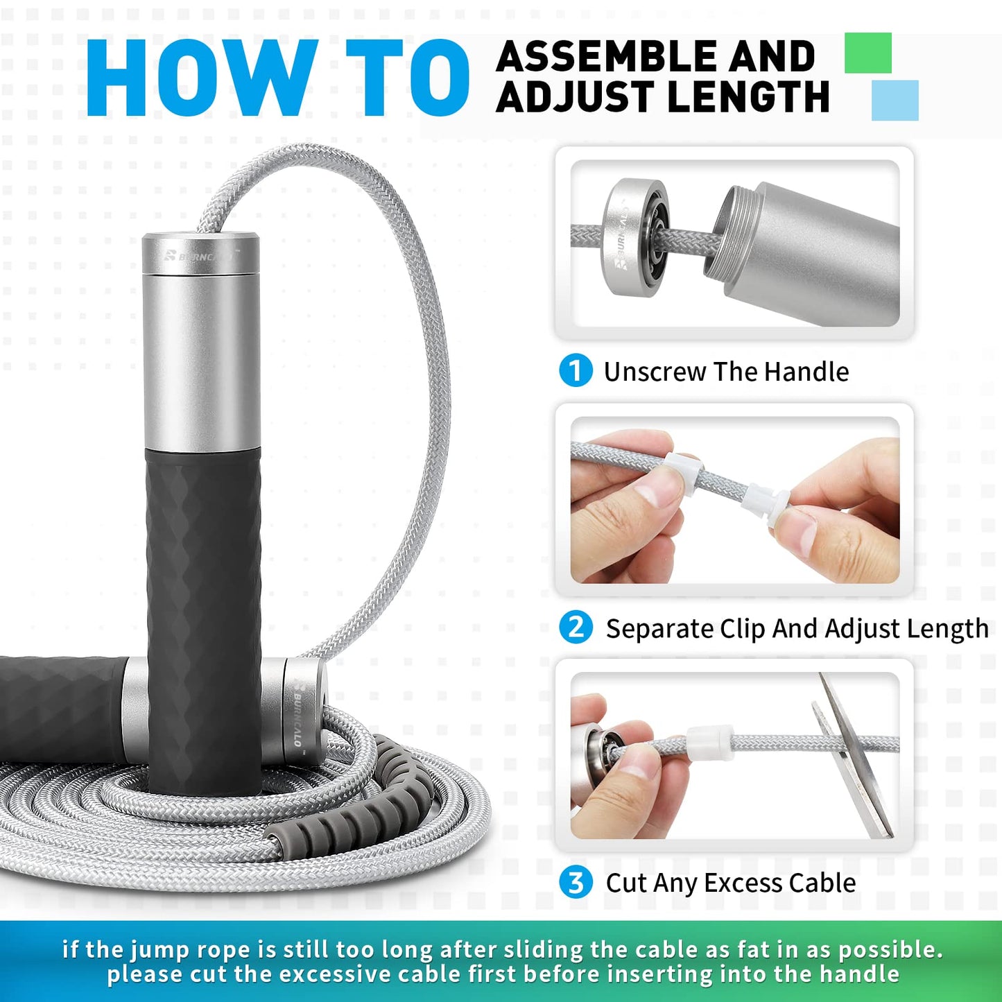 BURNCALO Weighted Jump Rope for Fitness, Skipping Rope for Men Women, Metal Heavy Handles, Ball bearings, Adjustable Length PVC Cord and Cotton Rope, Endurance Training Fitness Exercise Workout