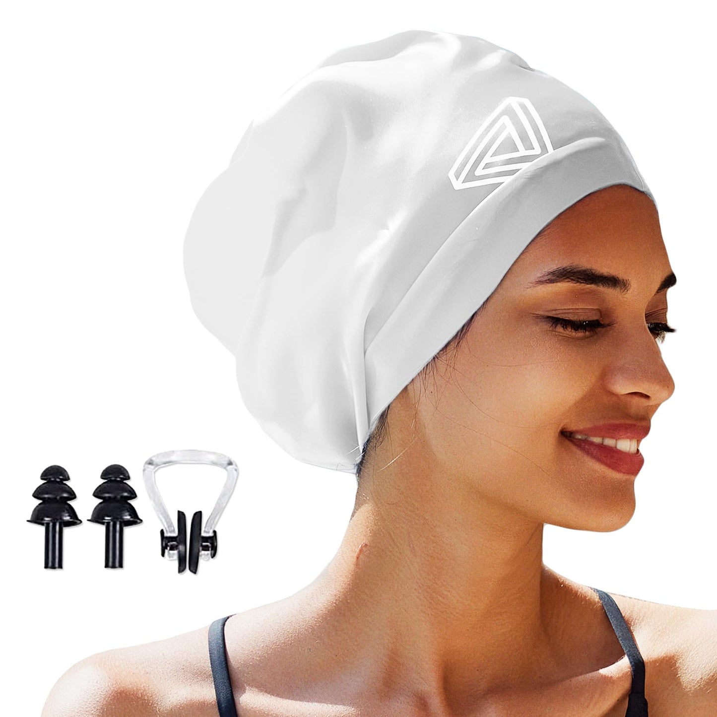 Large Swimming Cap, Suitable for Men and Women, Specially Designed Swimming Cap, Suitable for Very Long and Thick Curly Hair and Braids, Keep Hair Dry (White)