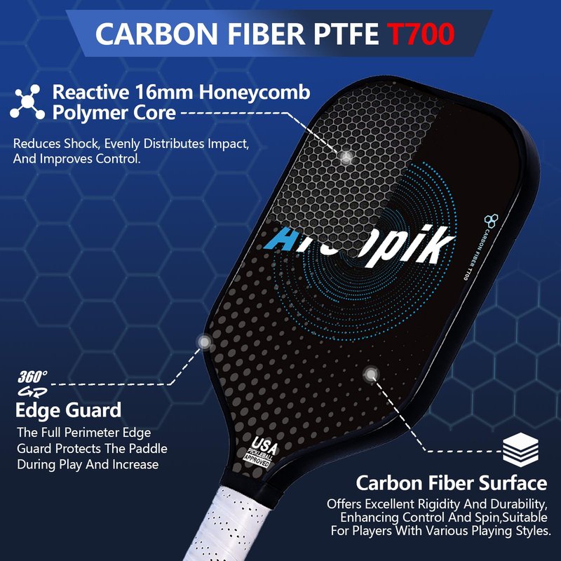 Pickleball Paddles, Carbon Fiber Pickleball Paddle with 16mm HComb Core, T700 High Spin Power | Anti-Slip Comfort Grip | Ultra Light | Powerful Pickleball Racket for Pros & Beginners