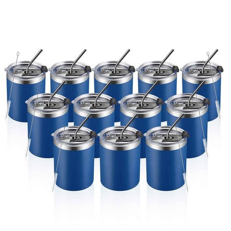 MEWAY 12 oz Lowball, Tumbler Stainless Steel Double Wall Vacuum Insulated Mug with Straw and Lid, Cleaning Brush ，Durable Powder Coated Insulated Coffee Cup for Cold & Hot Drinks (Navy, 12 pack)