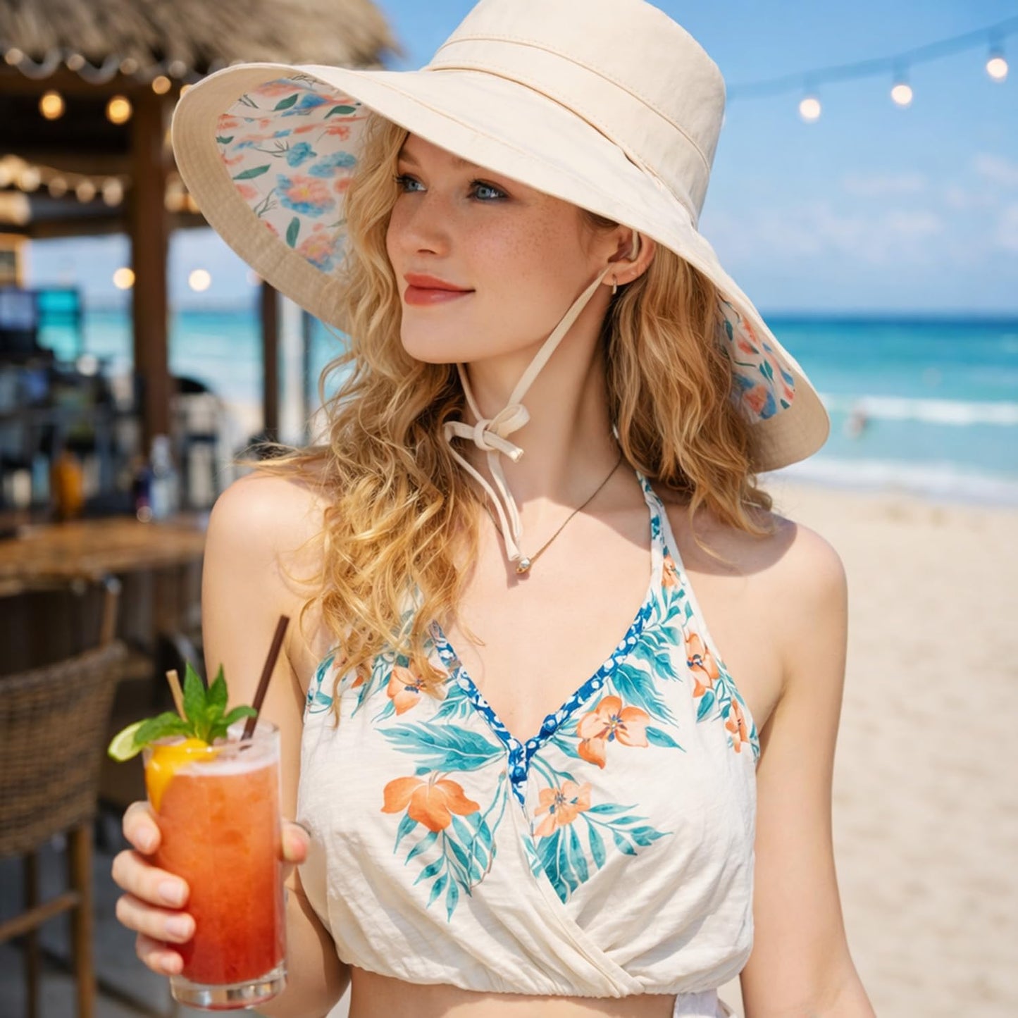 Wide Brim Sun Hat for Women Reversible Beach Hats Metal Wired Edge Gardening Hats, UPF 50+ Bucket Summer Hat