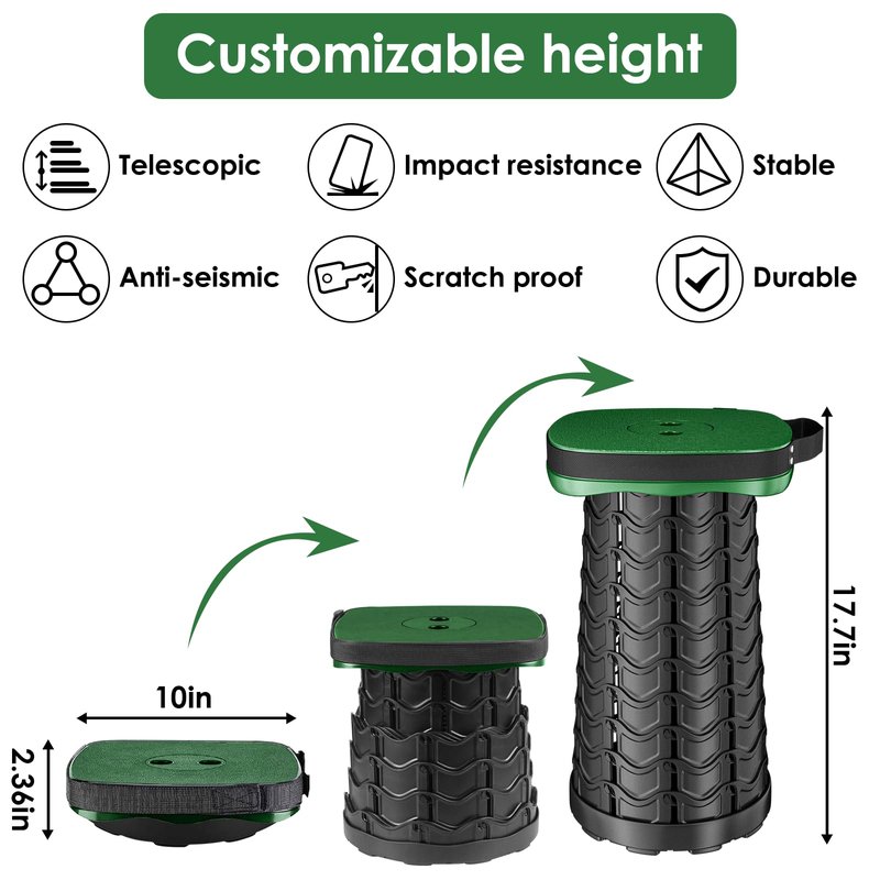 aboutool Folding Camping Stool, Square Collapsible Portable Stool with Elastic Seat Cushion& Adjustable Nylon Bag, Sturdy Lightweight Telescoping Foldable,Max Load 485lb (Green)