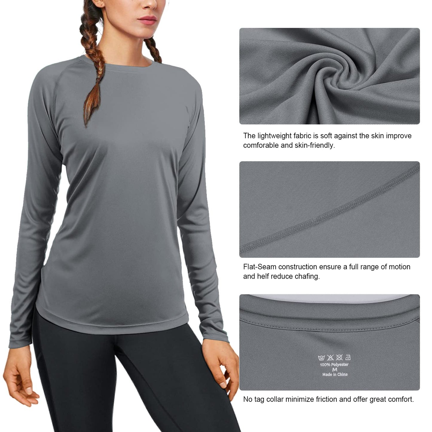 isnowood Womens Long Sleeve Rash Guard, UV UPF 50+ Sun Protection Shirts, Quick Dry Lightweight Tops for Swimming Workout Hiking Running Gray