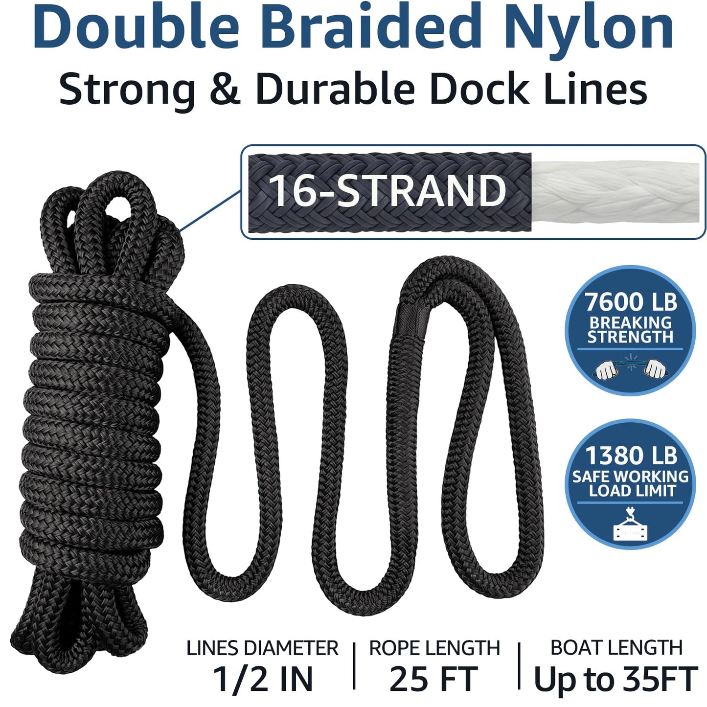 PACTHSD 2 Pack 1/2" x 25' Boat Dock Lines - Marine Grade Nylon Boat Rope with 12" Loop for Docking and Mooring - Double Braided Boat Lines, High Strength, Easy Handling, Fray Resistant - Black