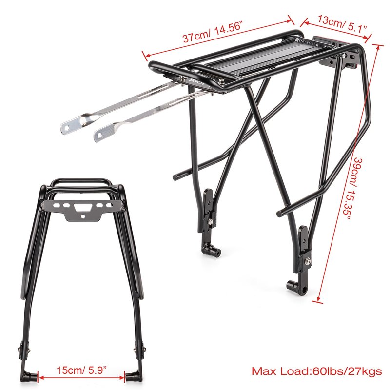 Rear Bike Rack - Bike Cargo Rack for Disc Brake/Non-Disc Brake Mount - Large Capacity Bicycle Pannier Rack, Height Adjustable for 26"-29" Frames (Width)