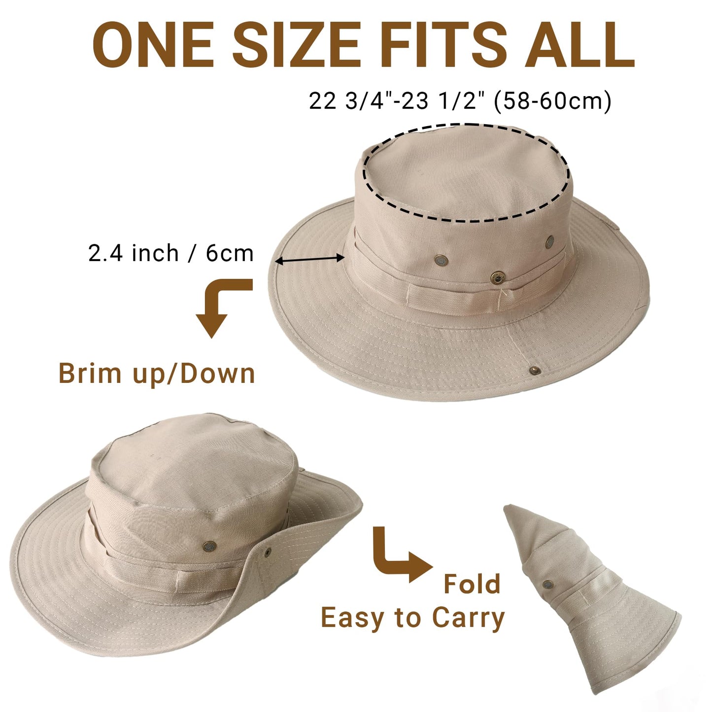 PFFY Sun Boonie Hats for Men UPF 50+ Bucket Hat for Fishing Hiking Safari Hunting Khaki（with Webbing