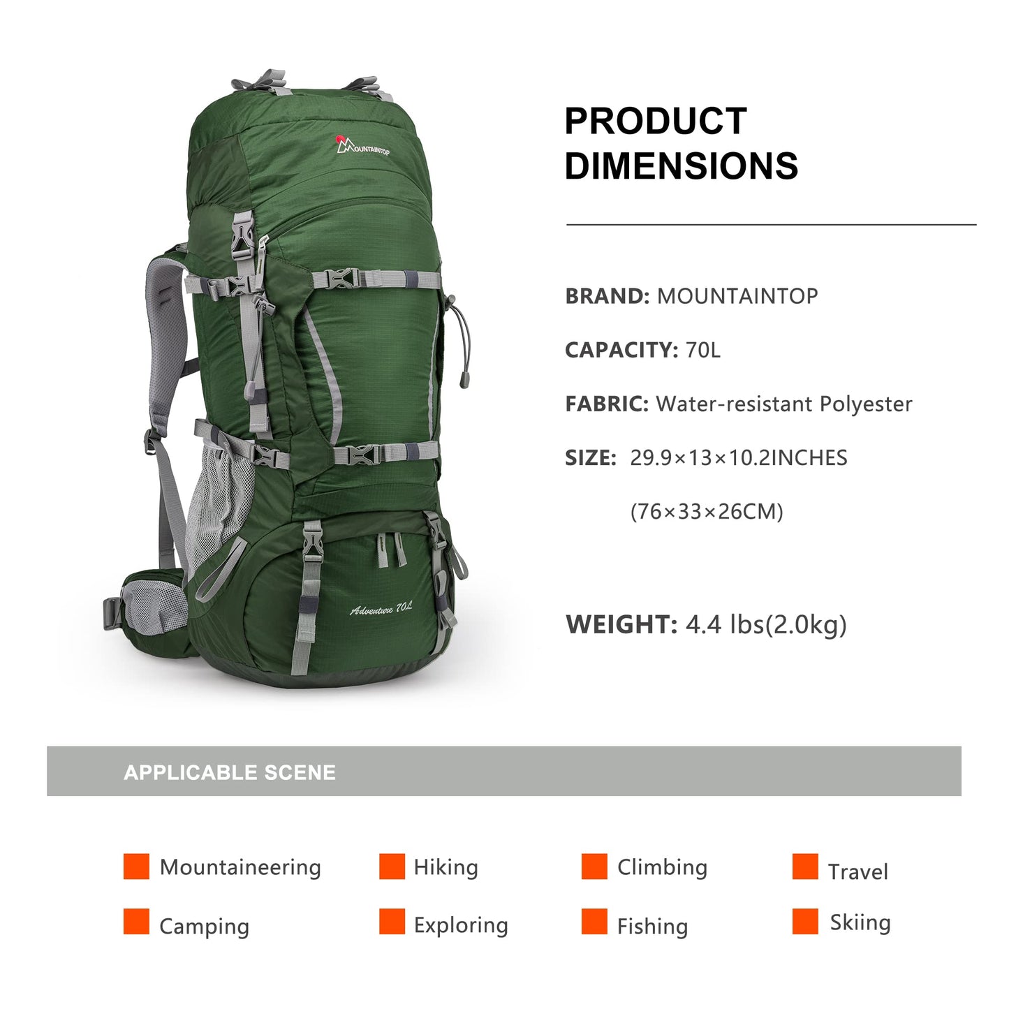 MOUNTAINTOP 70L Internal Frame Backpack Camping Backpacking Hiking Backpack for Men Women with Rain Cover,Dark Green