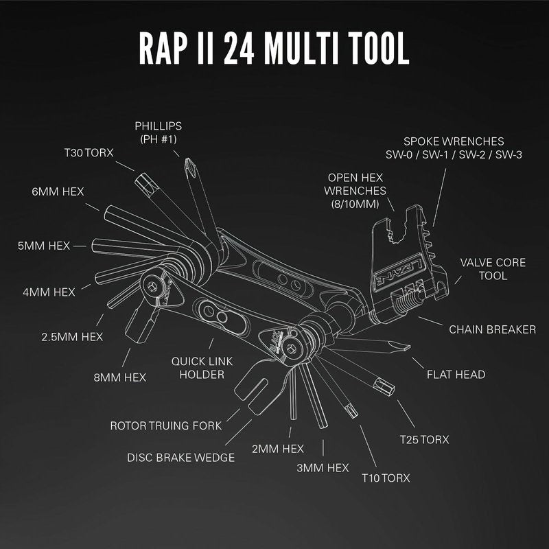 LEZYNE RAP II Bicycle Multi-Tool 24, Anti-Corrosion Bits, Hex 2/2.5/3/4/5/6/8mm, T10/T25/T30, Phillips, Flathead, Chain Breaker, Compact Bike Tool