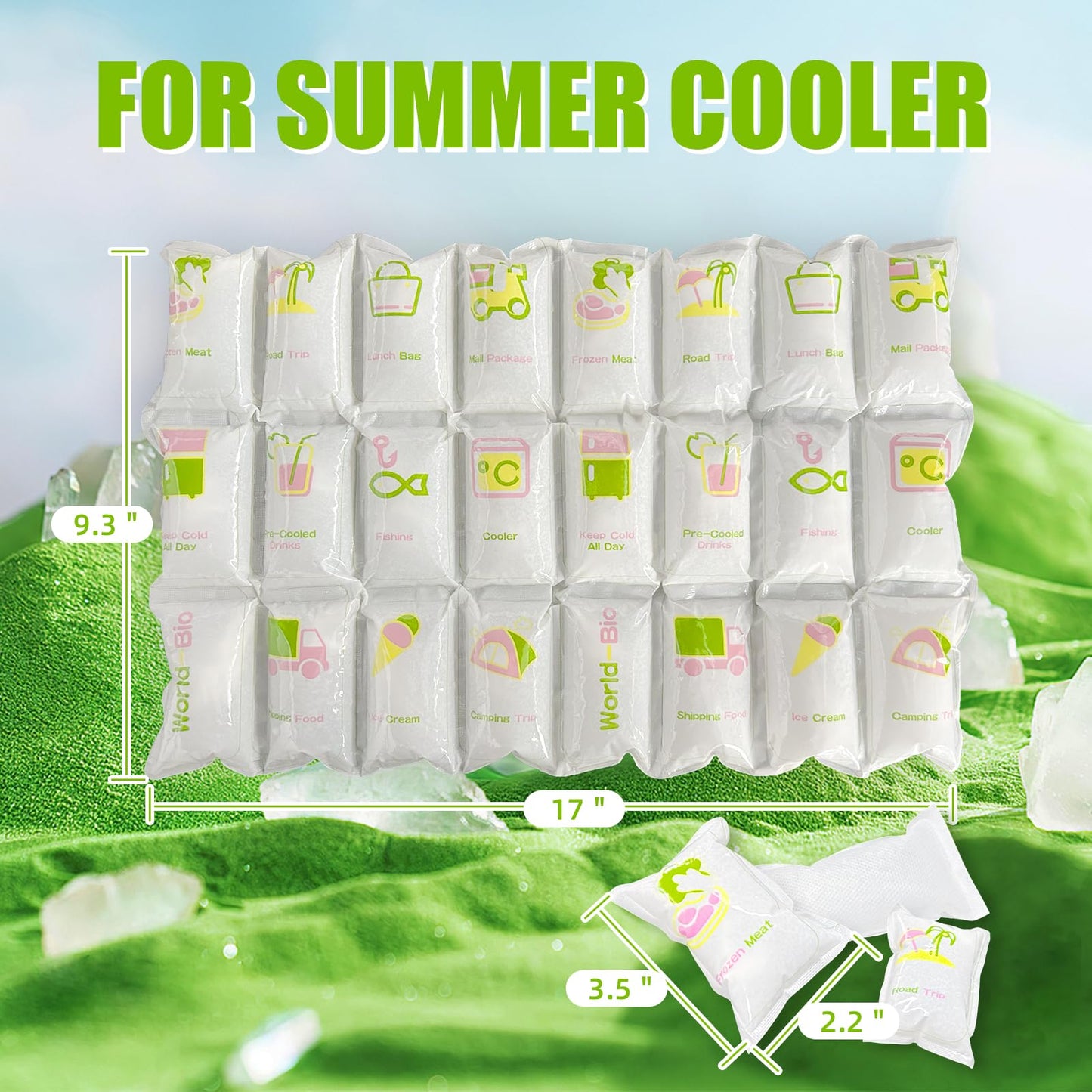 WORLD-BIO Dry Ice Packs for Shipping & Coolers, Shipping Ice Sheets for Coolers Reusable, Long Lasting Dry Ice for Shipping Food, Keep Food Drink Cold,17'' X 9.3'' 192 Cells