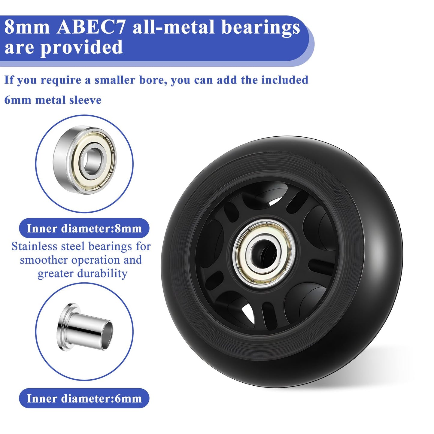 8 Pack Inline Skate Wheels, Luggage Suitcase Replacement Wheels, 80mm Roller Hockey Blade Replacement Wheel with ABEC-7 Bearing for Girls & Boys Roller Blade Skating - Black
