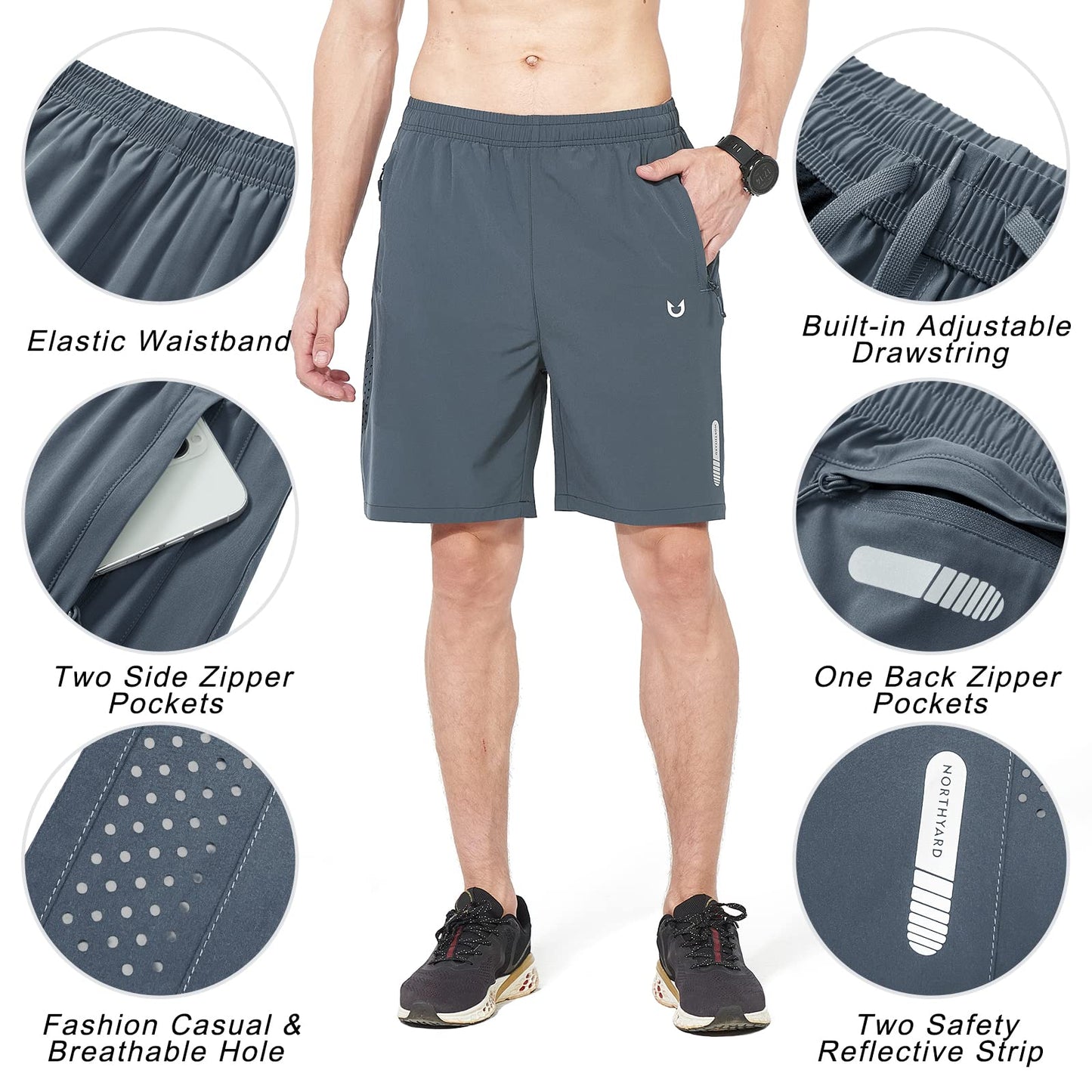 NORTHYARD Men's Athletic Running Shorts Gym Workout 7"/9"/5" Quick Dry Lightweight Sports Basketball Tennis 3 Zipper Pockets COOLGREY 3XL