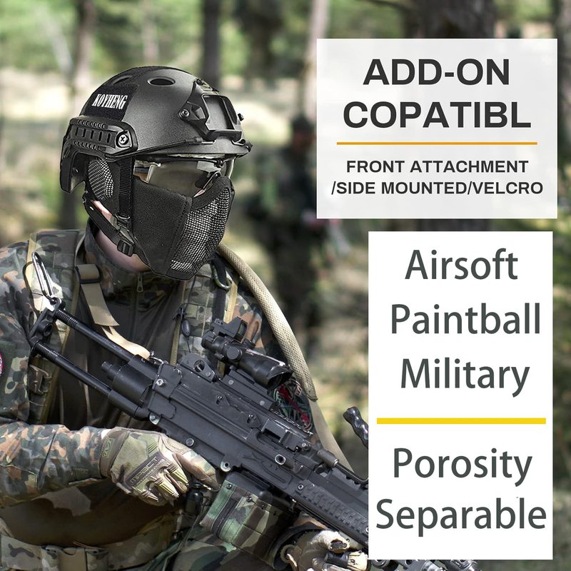 MH Tactical Fast Helmet Combined,with Foldable Ear Protection Half Face Mesh Mask and Goggles for Airsoft Paintball CS Game Set