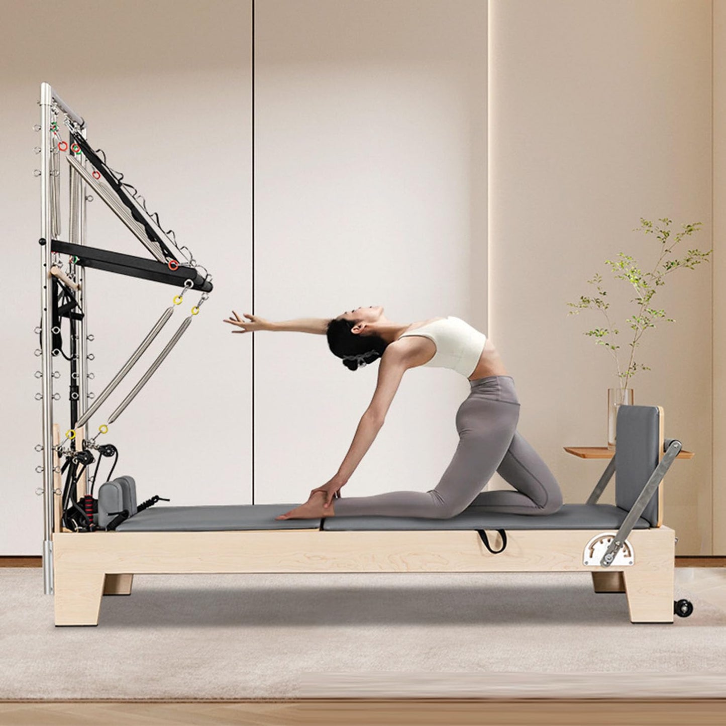 Pilates Reformer,Wooden Pilates Reformer Workout Equipment with Tower for Home and Studio,Adjustable Resistance System