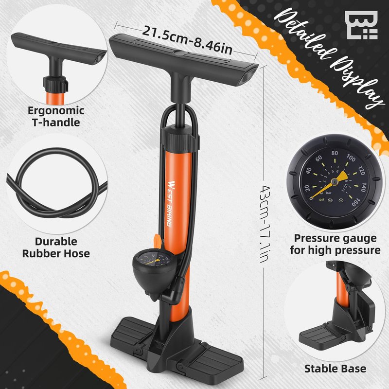 Bike Floor Pump, Bikes Pump with Gauge,Bicycle Air Pump with High Pressure 160 Psi, Bike Tire Pumps with Presta Schrader Valves, Bicycle Air Pump with Gauge, Fits Road Bikes MTB E-Bike, Ball (Orange)