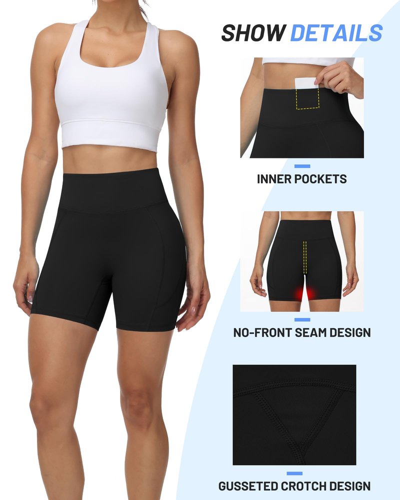 Moozava Womens 5" Athletic Biker Shorts with PocketHigh Waisted Tummy Control Non See Through Spandex Booty Shorts for Workout Yoga Gym Running Black M