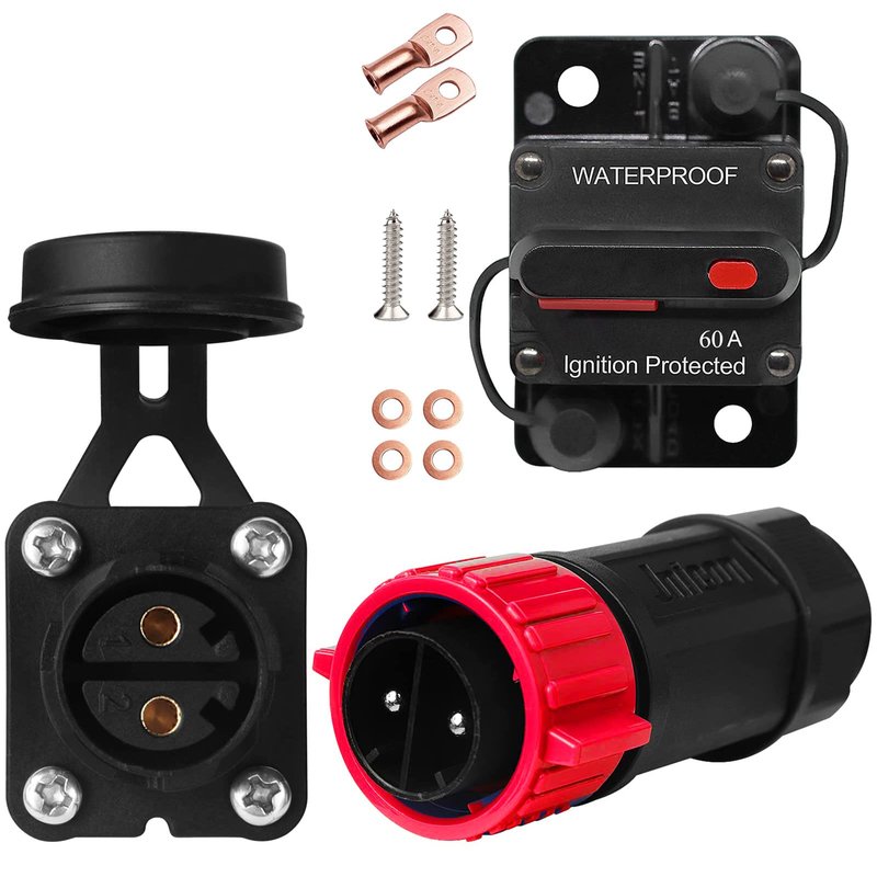 GaiRen Trolling Motor Plug and Circuit Breaker 60Amp Kit, Trolling Motor Connector with Receptacle 12/24/36/48 Volt Marine Boat Power Waterproof IP67 Compatible with 8 AWG wire Red