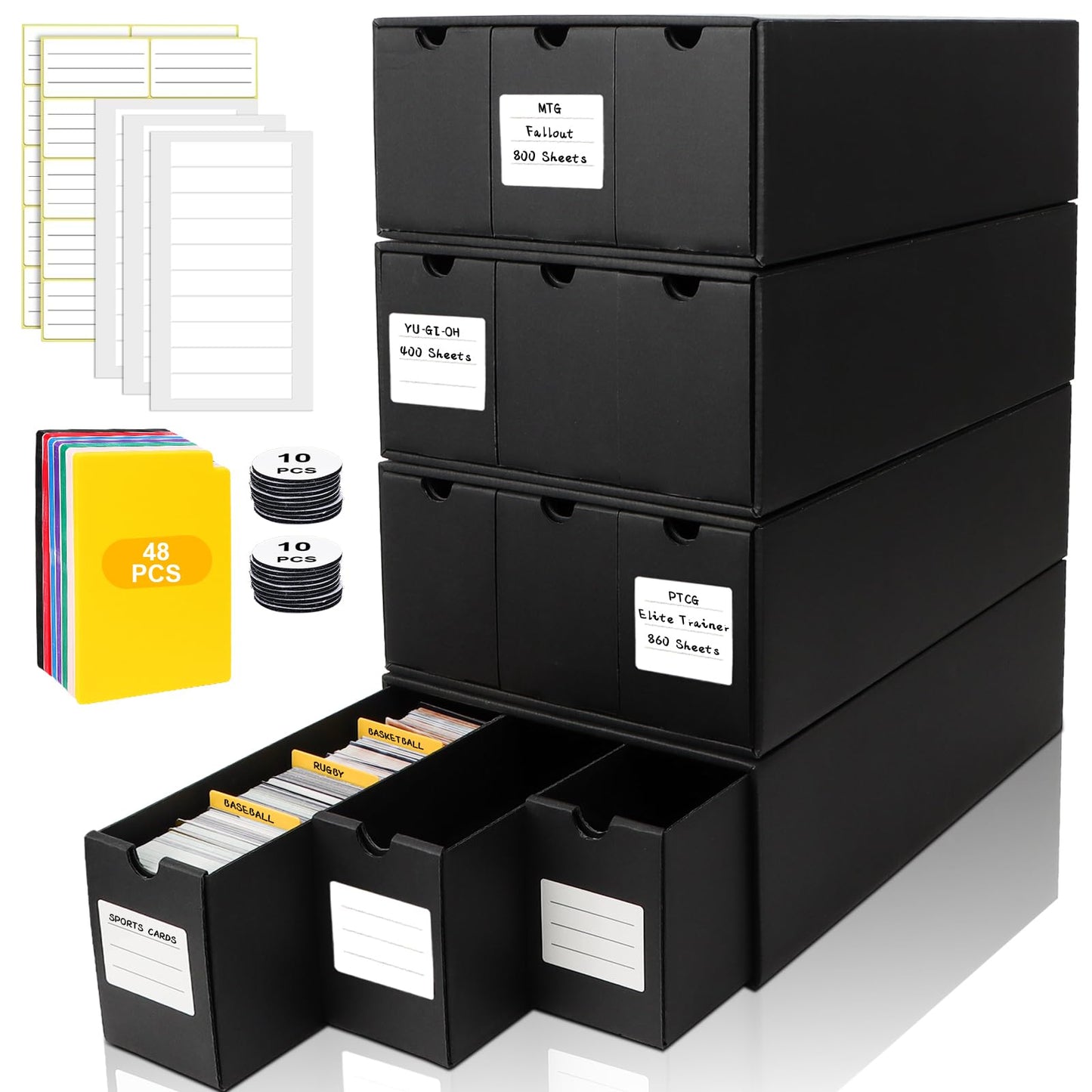 QLOUNI Trading Card Storage Box, Includes 12-600 CT Boxes & 48 Card Dividers, 12000+ Trading Card Organizer for Collectible Card Games, for TCG, MTG, PTCG, Baseball Cards, with Labels & Tapes