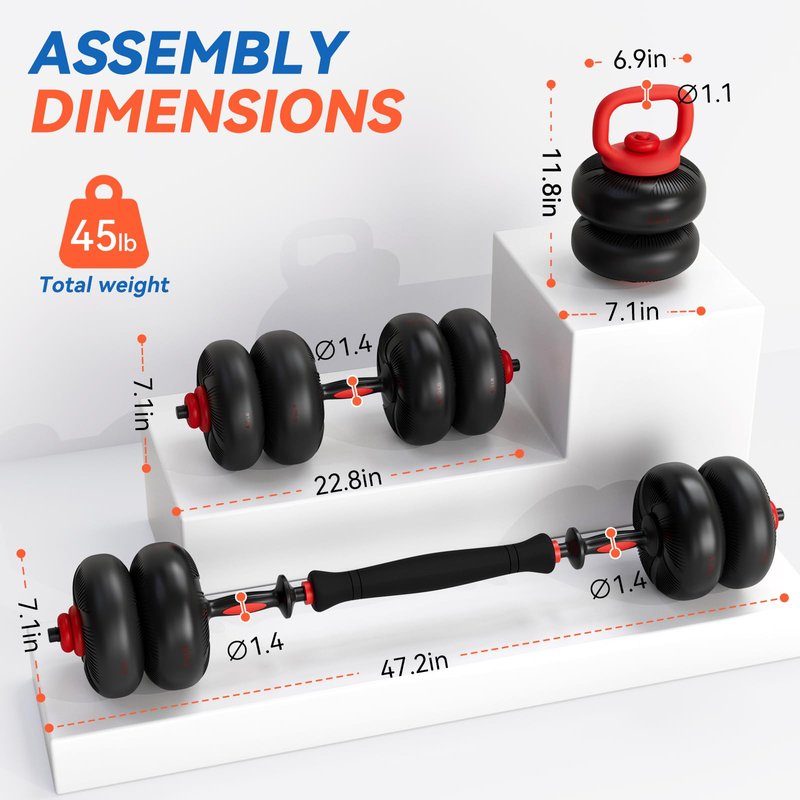 LIFERUN Adjustable Dumbbell Set, Soft PVC Coated, 45lbs/67lbs Free Weight Set Home Gym, 4-in-1 Used As Barbell, Dumbbells, Kettlebell, Weight Plates, Weights Dumbbells Set, Space Saving Fitness Exercise For Men/Women