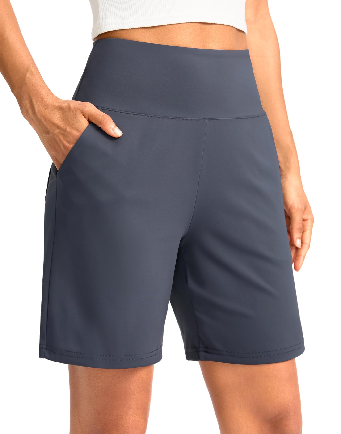 G Gradual Women's Bermuda Long Shorts with Pockets 7" High Waisted Knee Length Shorts for Women Walking Athletic Workout(Dusty Blue-L7,L)