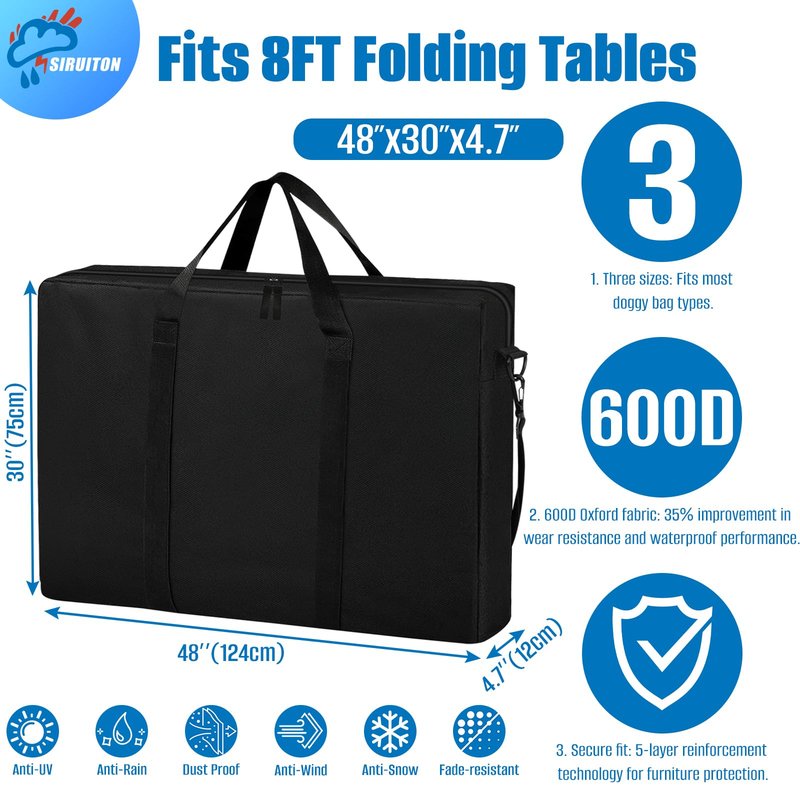 SIRUITON Folding Table Storage Bag, Portable 600D WaterProof Carry Bag for Folding Picnic/Camp Tables with Reinforcing Plate & Shoulder Strap, 48" D x 30" W x4.7 H Fits 8FT Folding Tables（bag only）