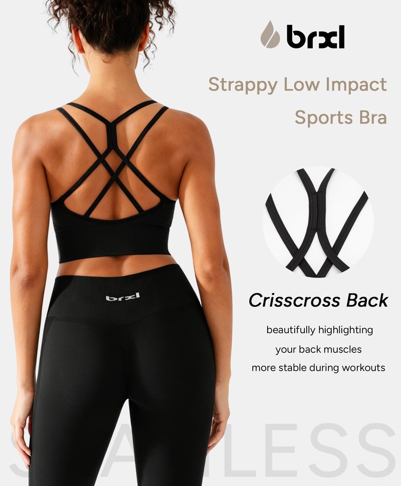 BRXL Womens Sports Bras Longline Strappy Sports Bra Low Impact Workout Sports Bra Black Unpadded Sports Bras Black S